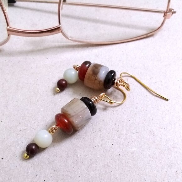 Handmade Fall Dangle Earrings - Neutral Autumn Colors - Semi-Precious Stones - Picture 1 of 5